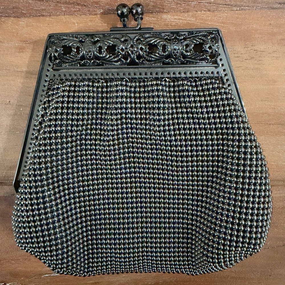 Vintage Black Gunmetal Mesh Evening Bag Kiss Lock Chain Purse